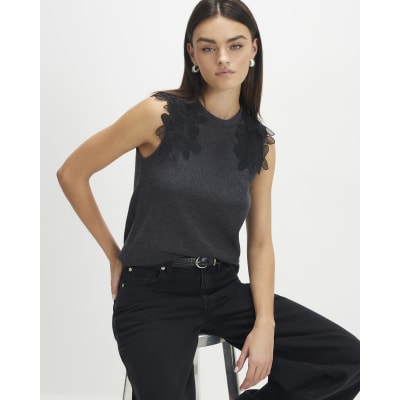 Grey Cotton Blend Cosy Lace Shoulder Top | River Island