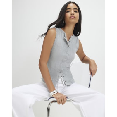 Grey Cotton Blend Popper Tank Top | River Island