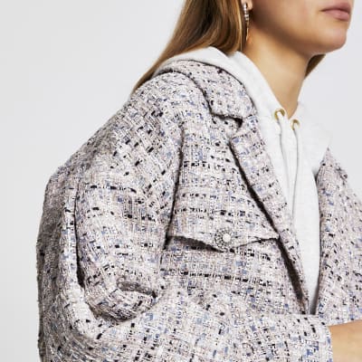 Grey crop boucle bomber jacket