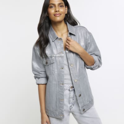 Grey denim coated trucker jacket | River Island