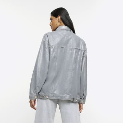 Grey denim coated trucker jacket River Island