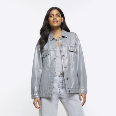 Grey denim coated trucker jacket River Island