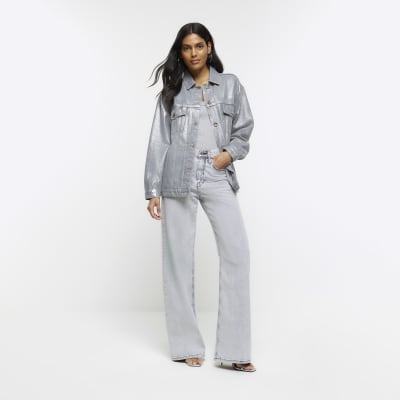 Grey denim coated trucker jacket River Island