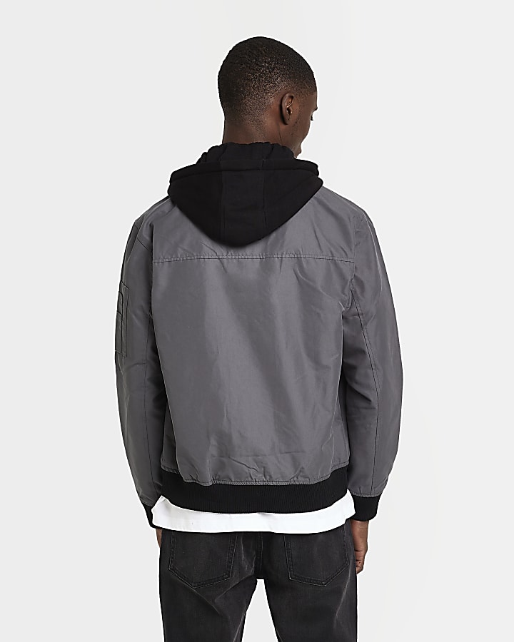 Grey detachable hood bomber jacket