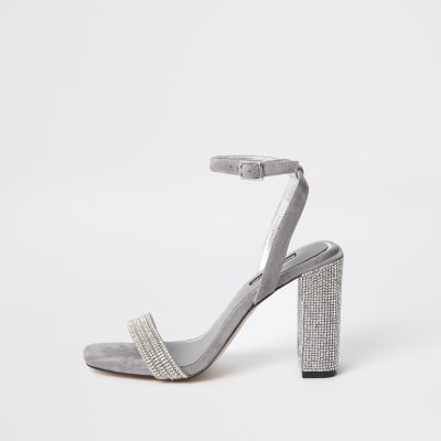 silver diamante block heel shoes