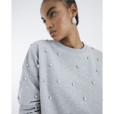 Grey Diamante Embellished Sweatshirt