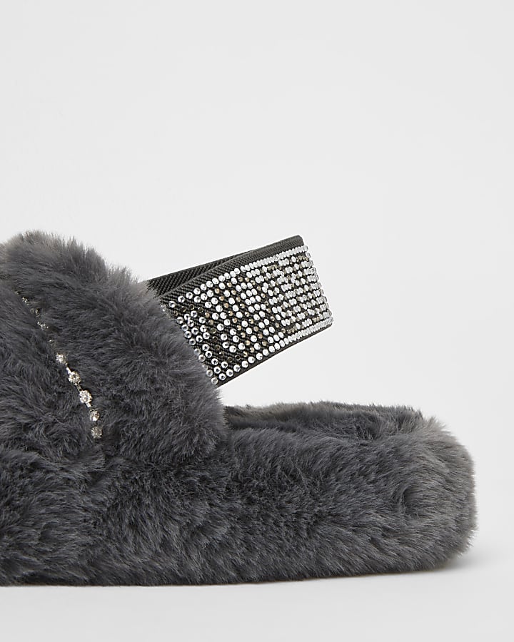 Grey diamante RI branded faux fur slippers