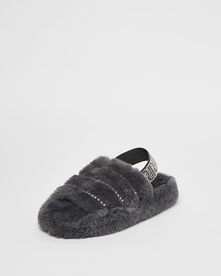 Grey diamante RI branded faux fur slippers