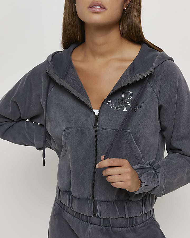 Grey diamante RI branded zip up hoodie