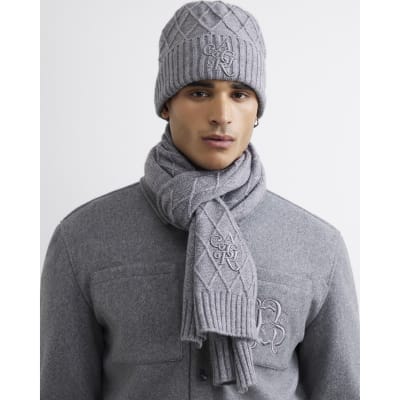 Grey Diamond Knit Scarf And Hat Gift Set