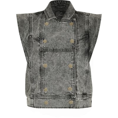 Grey double breasted oversized denim gilet