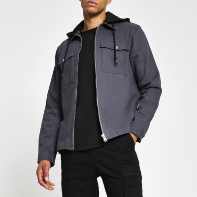 Grey double pocket hooded shacket River Island