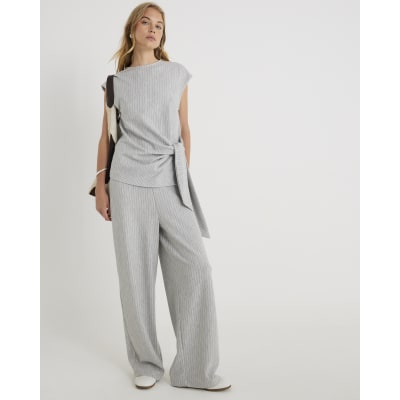 Grey Drawstring Pinstripe Wide Leg Trousers