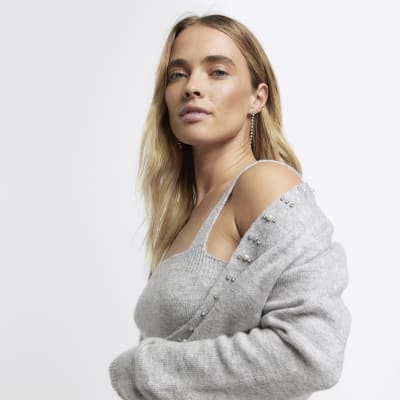 Grey embellished cardigan vest set River Island