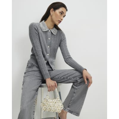 Grey Embellished Collar Cardigan