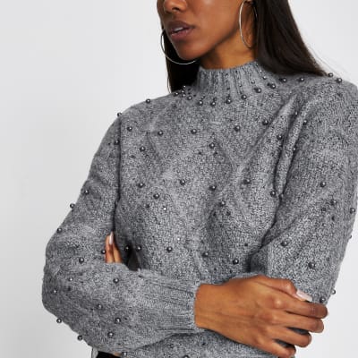 grey jumper with diamante neck