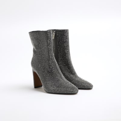Grey Embellished Heeled Boots River Island