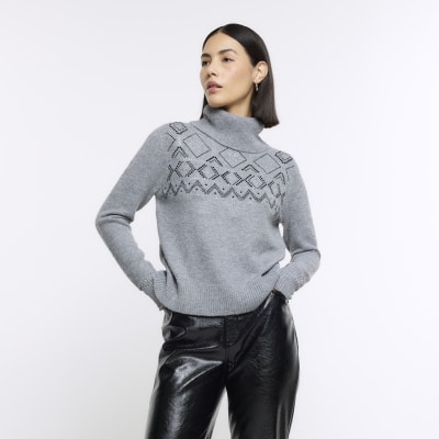 Grey embellished jumper River Island