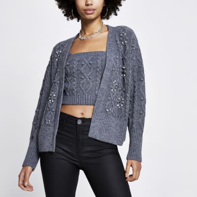 Grey embellished knit cardigan and bralet set River Island