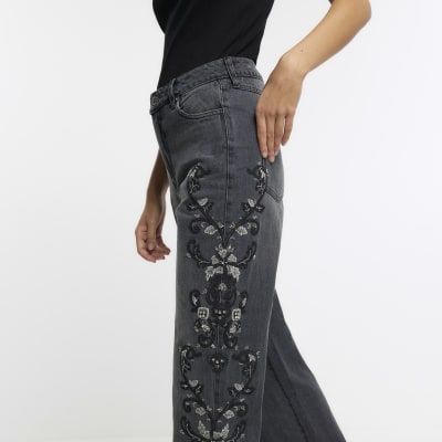 Grey embellished relaxed straight jeans