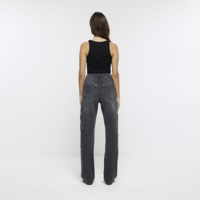 Grey embellished relaxed straight jeans | River Island