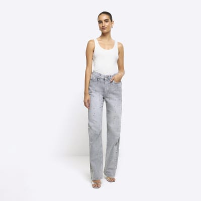Grey embellished relaxed straight jeans River Island