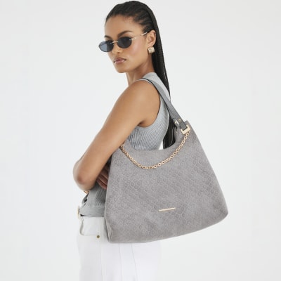 Grey Embossed Chain Front Shoulder Bag