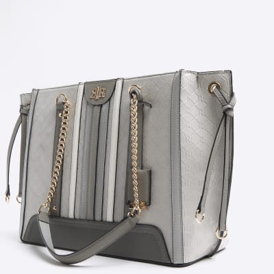 Grey embossed monogram chain tote bag River Island