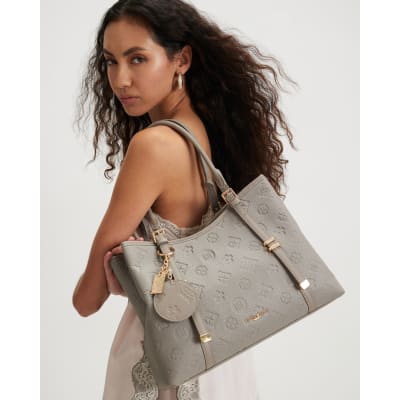 Grey Embossed Monogram Charm Tote Bag