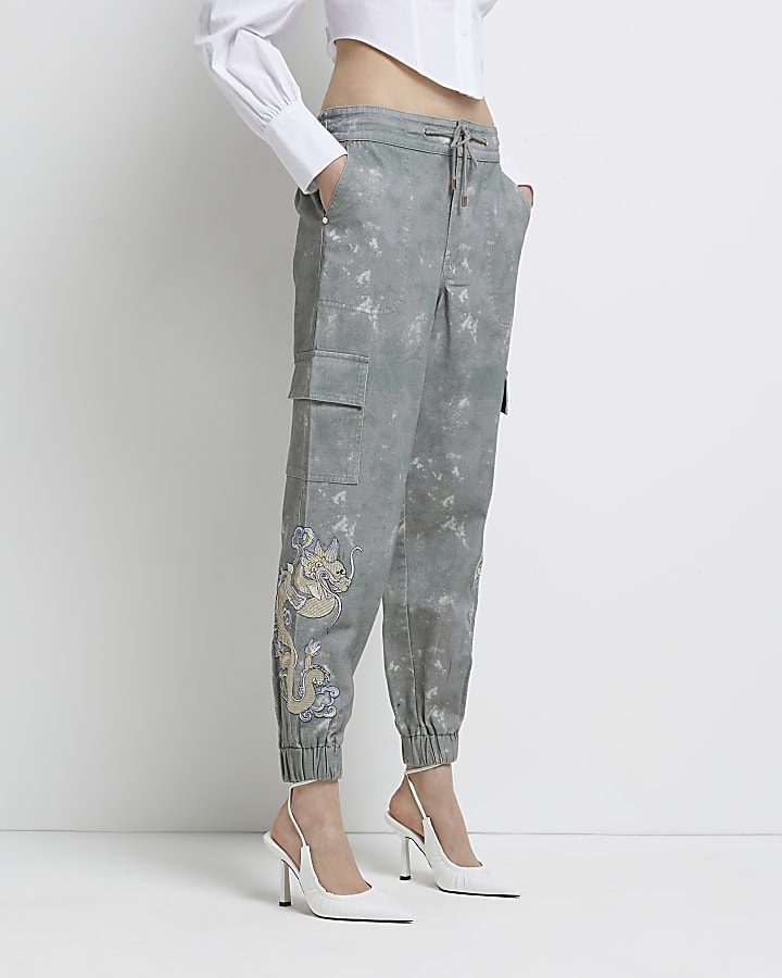 Grey embroidered cargo trousers