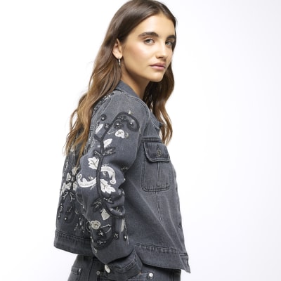 Grey embroidered crop denim jacket | River Island