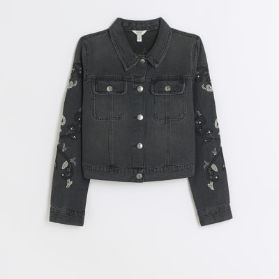 Grey embroidered crop denim jacket | River Island