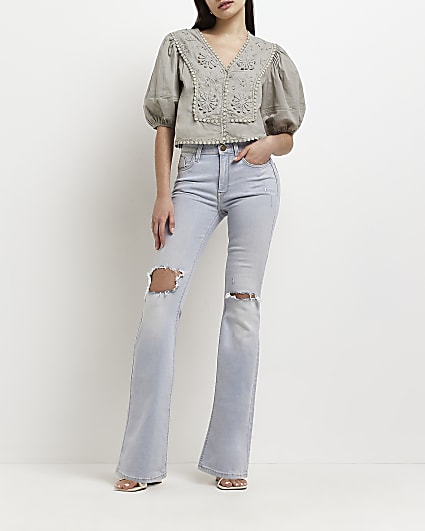 Grey embroidered puff sleeve blouse