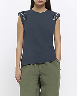 Grey embroidered shoulder pad tank top