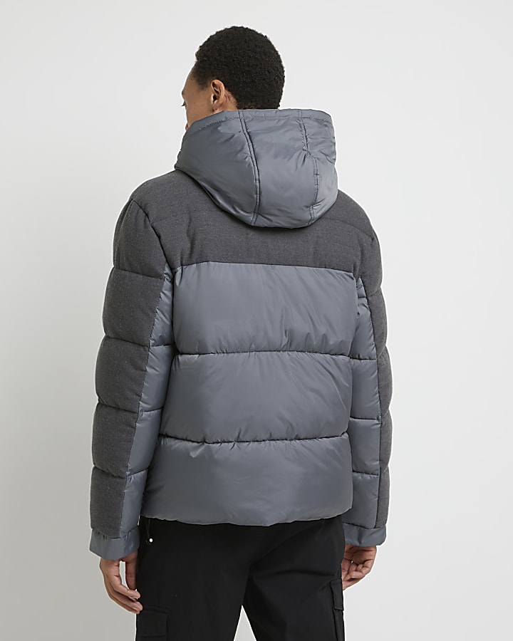 Grey fabric block hooded puffer jacket
