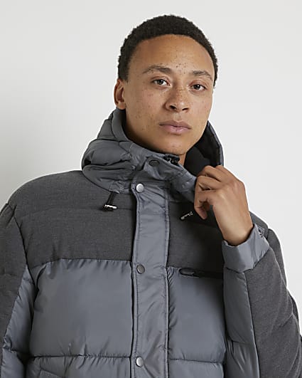 Grey fabric block hooded puffer jacket