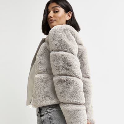 grey faux fur biker jacket