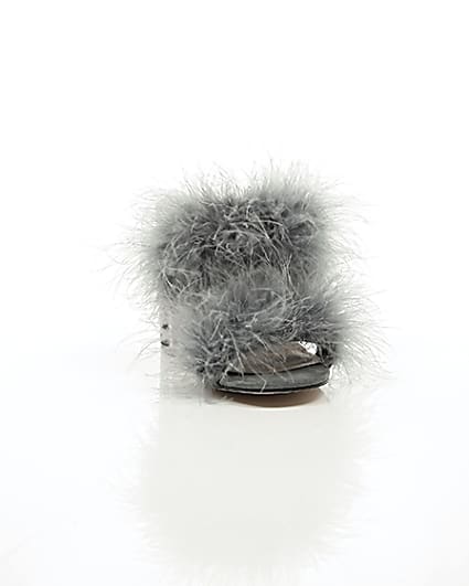 360 degree animation of product Grey faux fur block heel mules frame-5