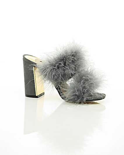 360 degree animation of product Grey faux fur block heel mules frame-8