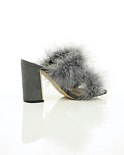360 degree animation of product Grey faux fur block heel mules frame-11