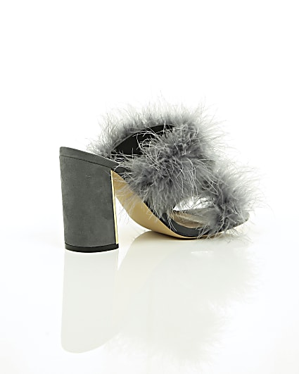 360 degree animation of product Grey faux fur block heel mules frame-12