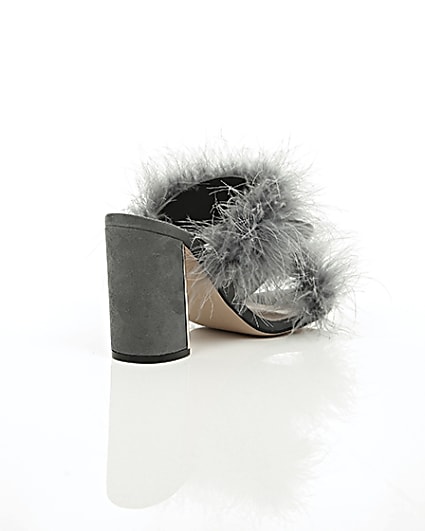 360 degree animation of product Grey faux fur block heel mules frame-13