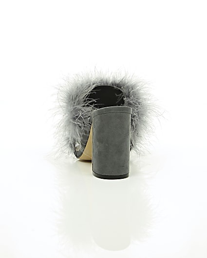 360 degree animation of product Grey faux fur block heel mules frame-16