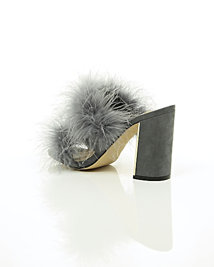 360 degree animation of product Grey faux fur block heel mules frame-19