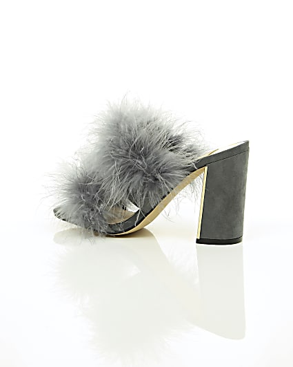 360 degree animation of product Grey faux fur block heel mules frame-20