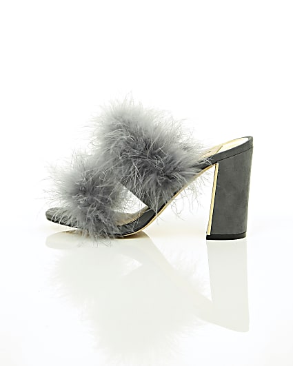 360 degree animation of product Grey faux fur block heel mules frame-21
