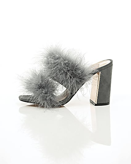 360 degree animation of product Grey faux fur block heel mules frame-22
