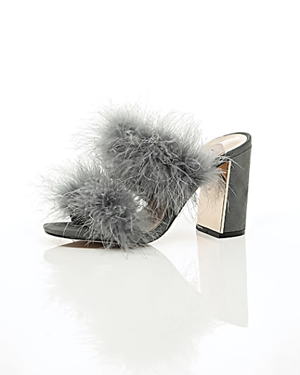 360 degree animation of product Grey faux fur block heel mules frame-23