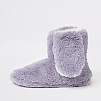 Grey faux fur bunny ear boot slippers