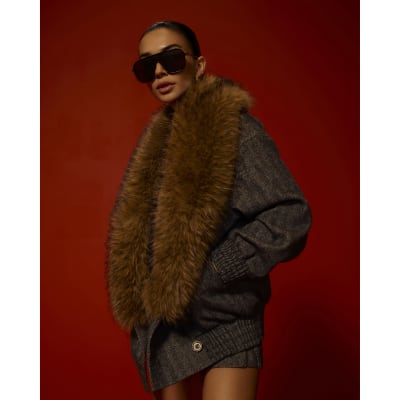 Faux Fur Collar Herringbone Coat